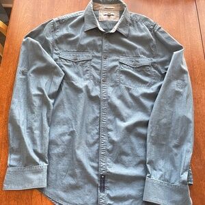 Calvin Klein CK Mens Blue Two Tone Button Down Shirt Slim Fit Size L